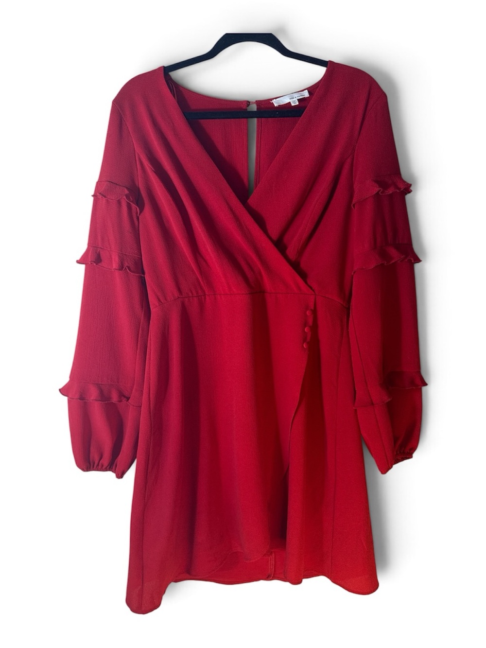 june & hudson Red Long-Sleeve Wrap Dress with Ruffle Sleeves Size Medium Party